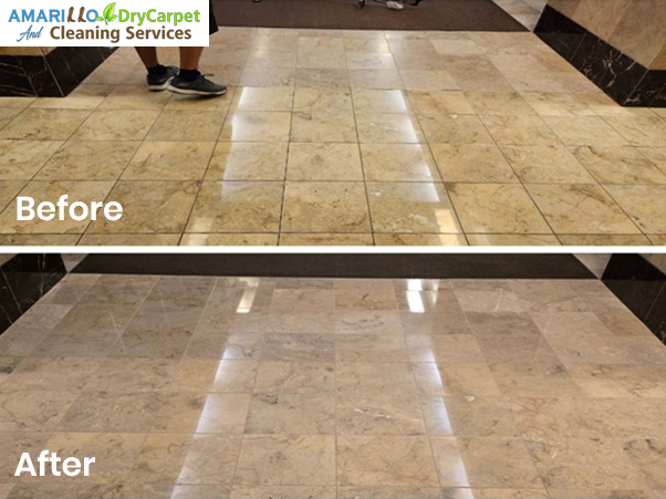 Transformation of marble floors before and after eco-friendly tile and grout cleaning in Amarillo