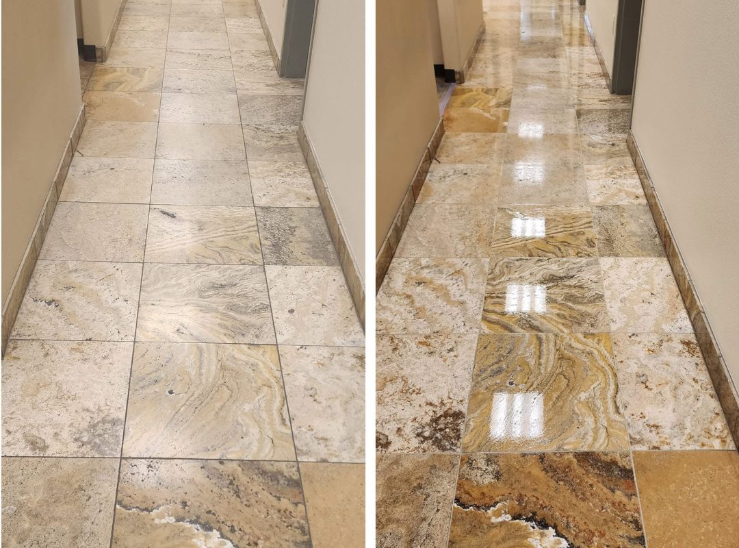 Before and after stone floor cleaning in a hallway
