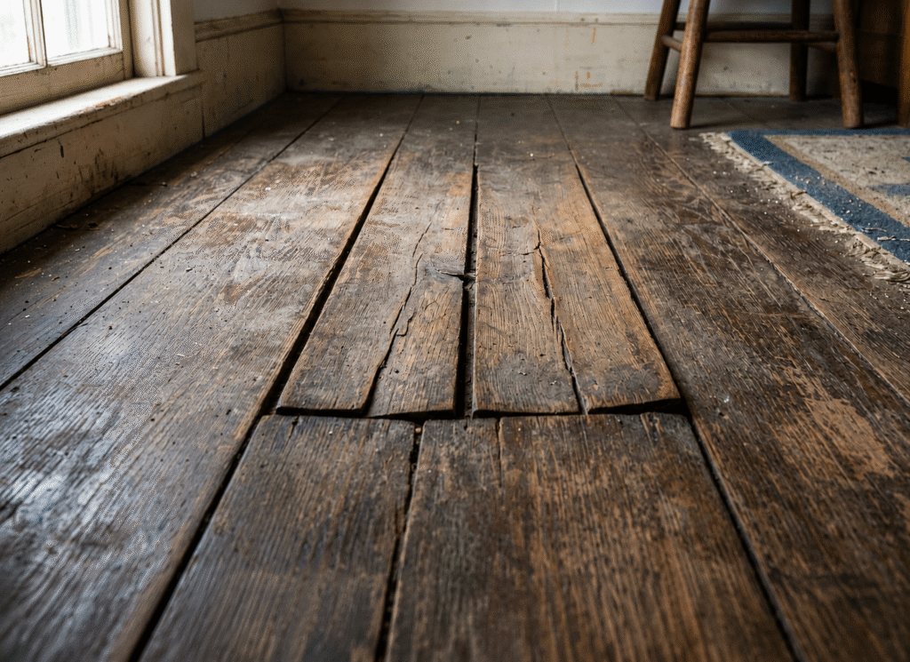 Close-up of worn rustic hard floor with visible cracks and aging