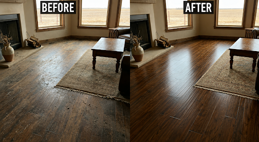 Living room hardwood floor restoration before-and-after ceramic coating.