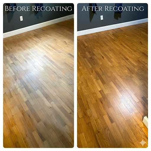 Faded hardwood floor restored to a warm golden shine after recoating