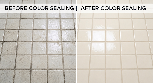 Before and after grout color sealing comparison showing stained grout restored to clean restored tiles