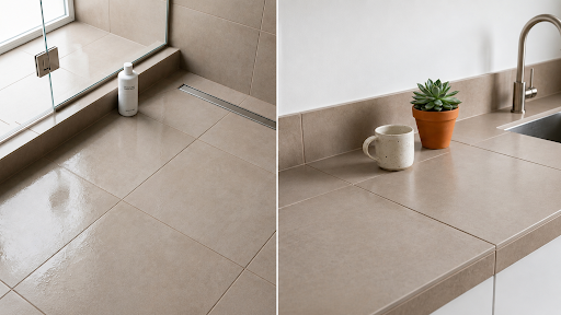 Side-by-side comparison of a sealed shower floor and a sealed kitchen countertop 